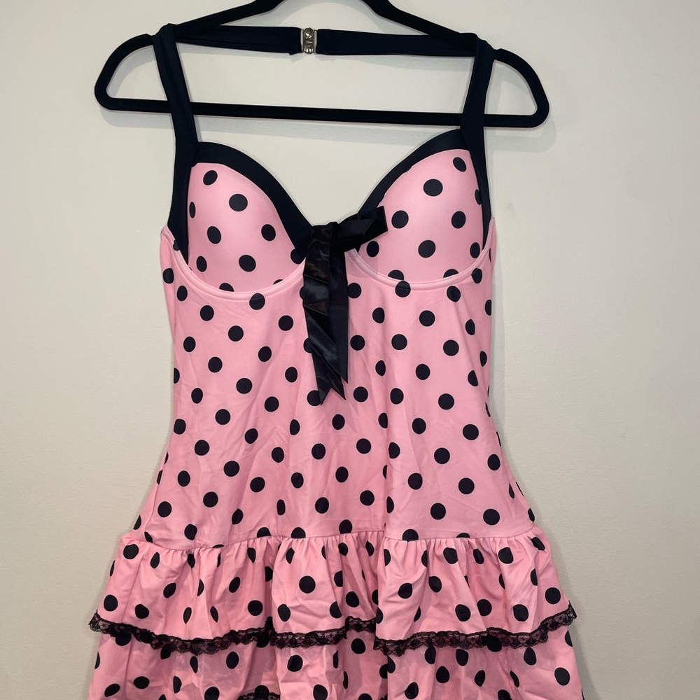 Pink 1940s Halter Polka Dots Bow One-Piece Swimsuit